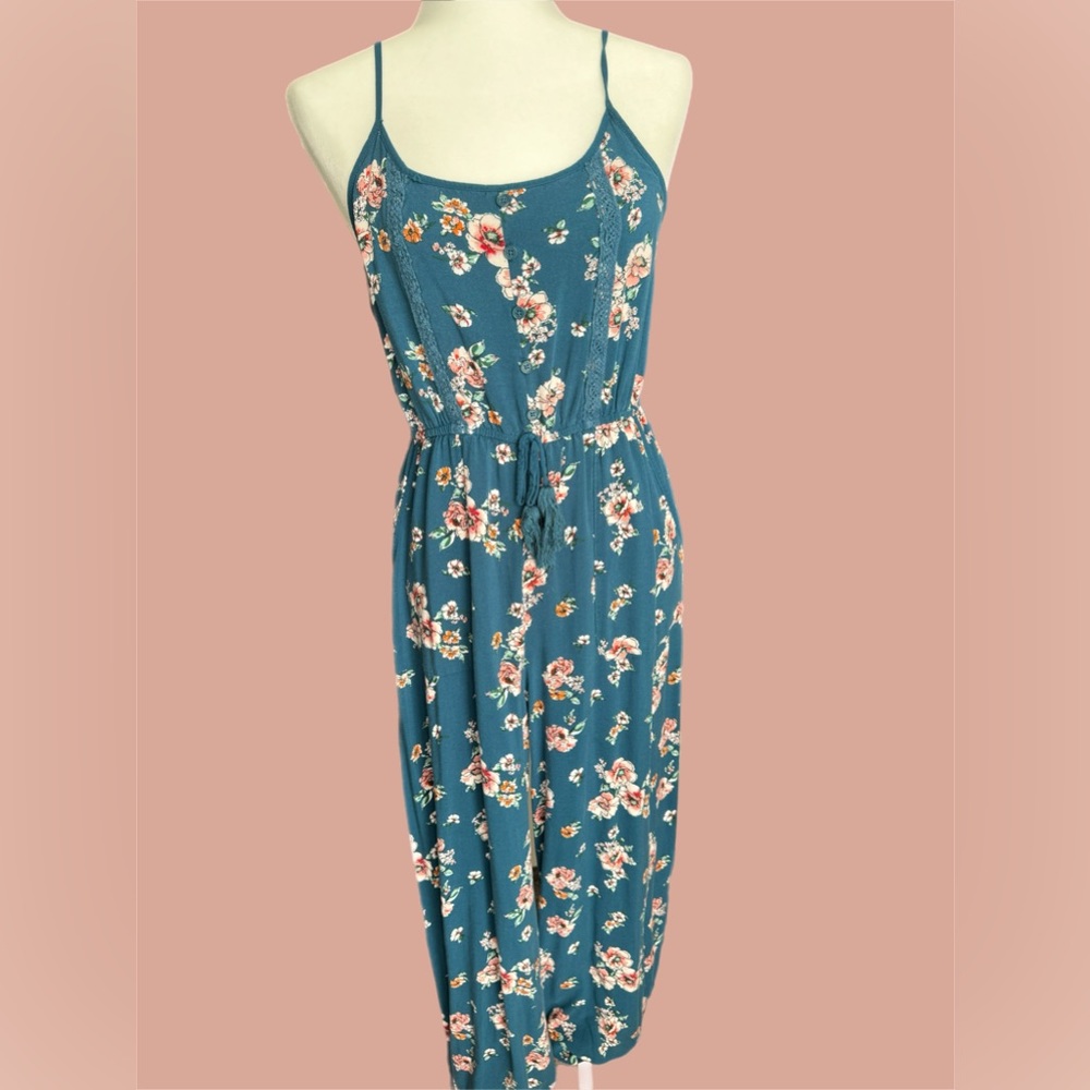 Xhilaration Blue Jumpsuit with Pink Floral Pattern Size M‎